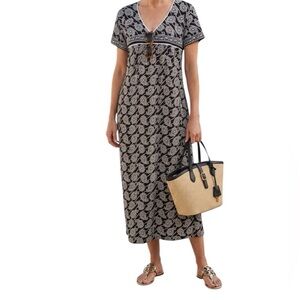 Vtg Handmade Black Tie Back Paisley Maxi Dress Resortwear Boho Coastal Grandma